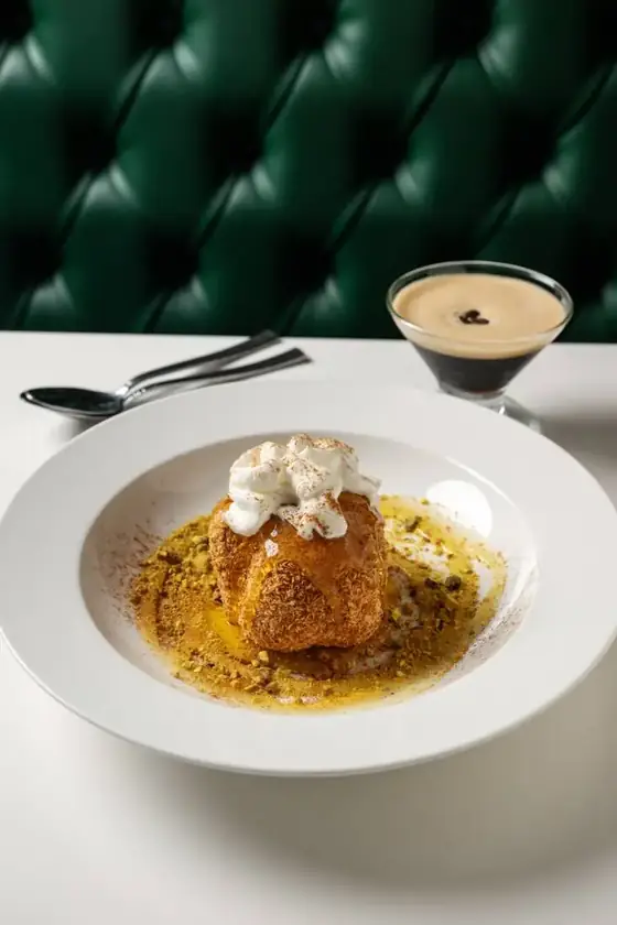Baklava fried ice cream with whipped cream and pistachios